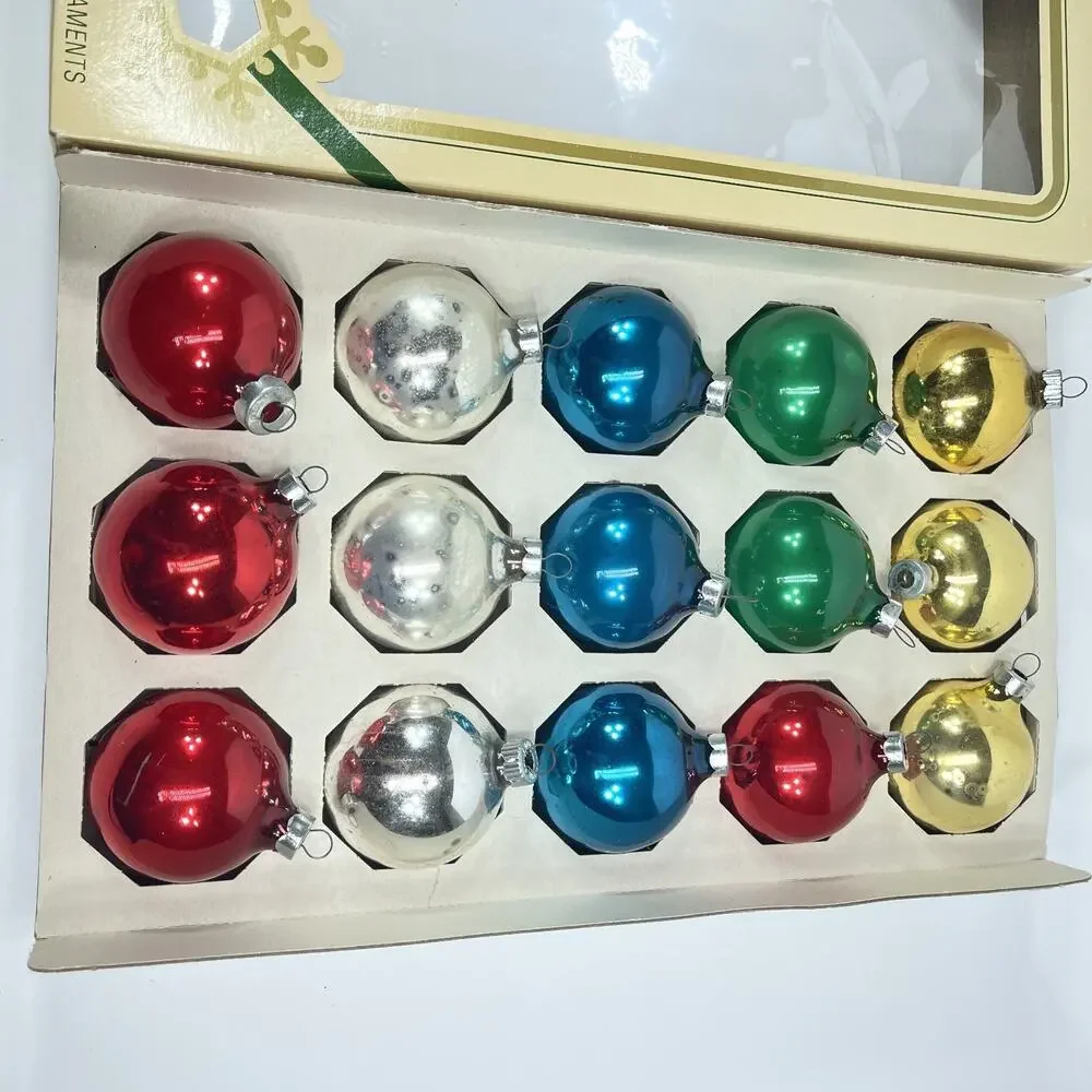 Vintage Pyramid Jumbo Glass Christmas Ornaments 15 ct USA 1970s Original w/Hooks